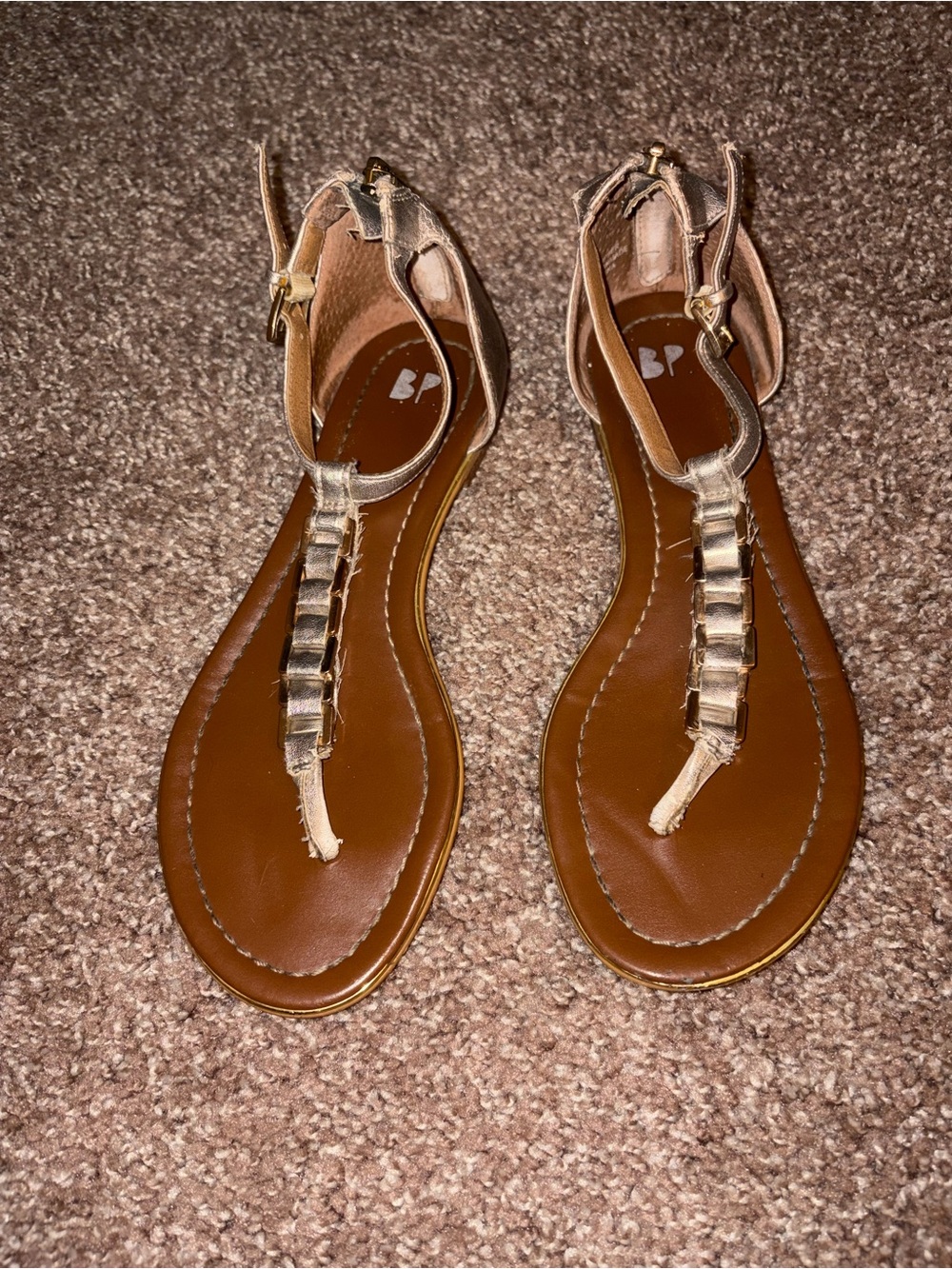 bp Women's Beige Metallic T-Strap Sandals